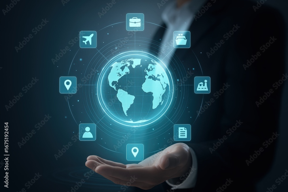 Poster a global network of interconnected data points is held within a hand, highlighting a modern approach