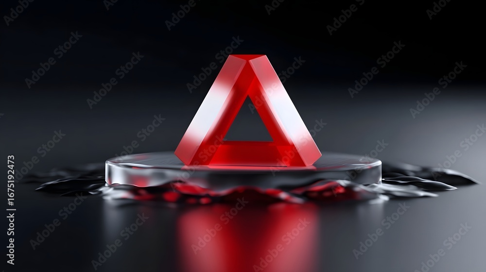 Poster red hazard warning triangle on reflective surface