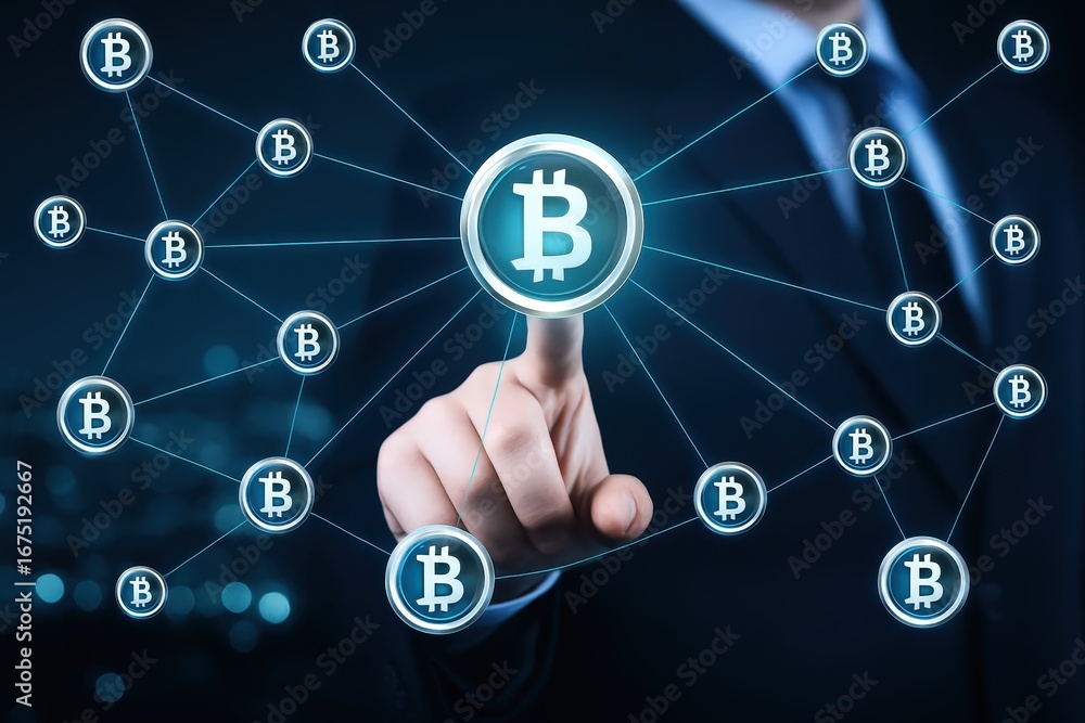Poster a hand interacts with a network of bitcoin symbols displayed on a dark background.