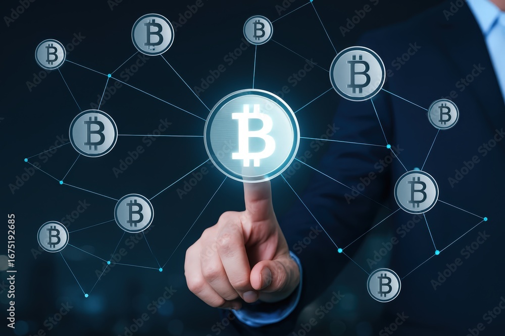 Poster a hand interacts with a digital network of bitcoin symbols, highlighting the connection and potentia