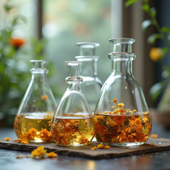 Botanical extracts in glass laboratory flasks floral elements