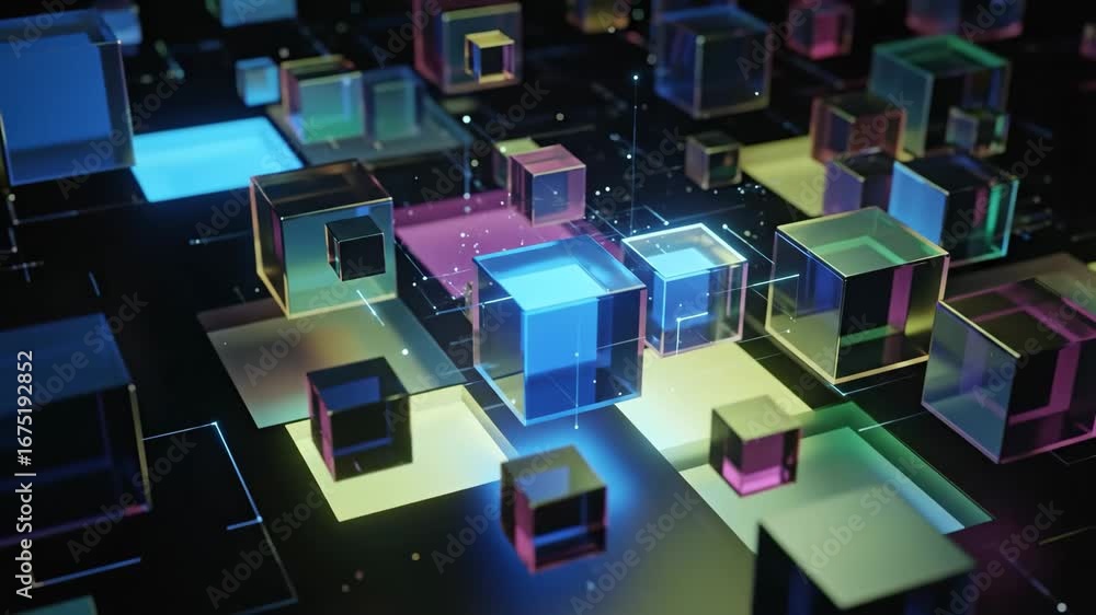 Poster network of illuminated cubes - a 3d video of glowing, translucent cubes arranged on a dark surface, 