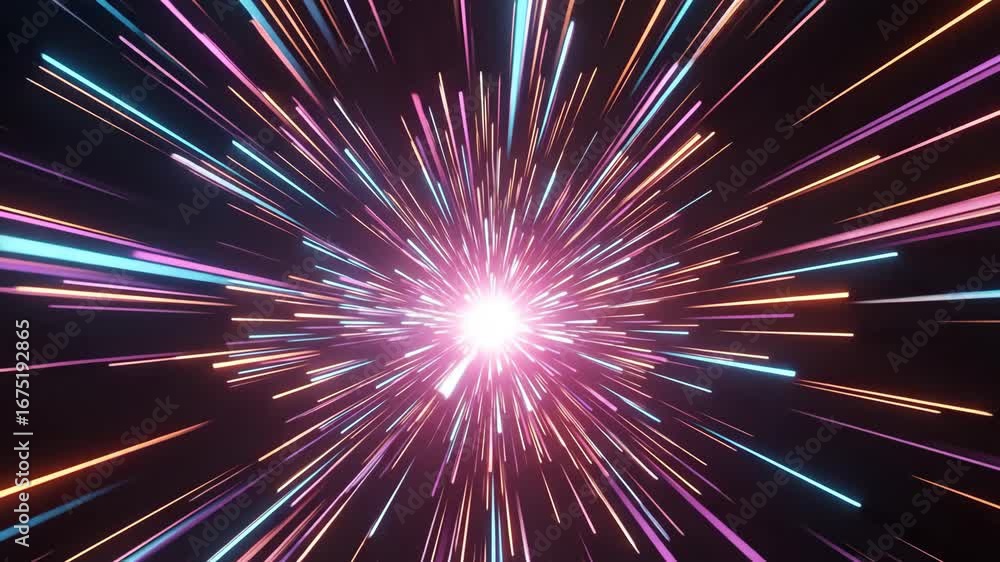 Poster neon lights hyperspace tunnel - abstract background of colorful neon light streaks radiating outward