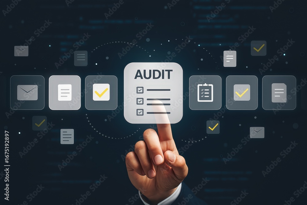 Poster a hand interacts with a holographic audit checklist displayed on a dark background, highlighting the