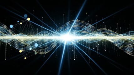 Digital Waveform Data Stream - Abstract visualization of a data stream flowing like a wave, with binary code and network connections. - Powered by Adobe