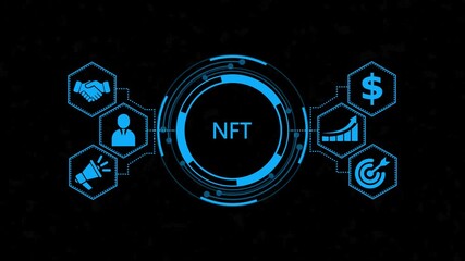 Animated NFT procedure illustration featuring, and business insights from massive data sets ,network , business ,technology concept. Hi tech motion graphic background, white flickering dots - Powered by Adobe