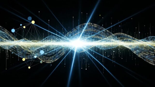 Digital Waveform Data Stream - Abstract visualization of a data stream flowing like a wave, with binary code and network connections.
