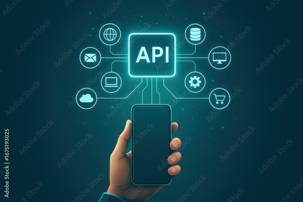 Poster a hand holds a smartphone displaying an api interface, overlaid with glowing app icons and circuit d