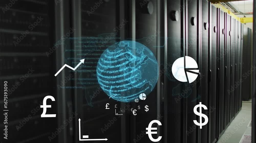 Aufkleber hologram globe fading into view, icons streaming and rotating visualizing finance data flow