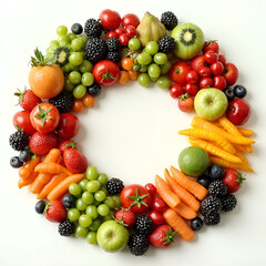 Circular arrangement of fresh fruits and vegetables