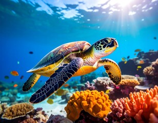 Obraz premium Colorful sea turtle on vibrant coral reef