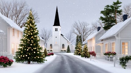 Snow falling on idyllic village with christmas trees and church during winter holidays