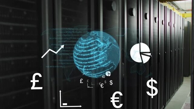 Hologram globe fading into view, icons streaming and rotating visualizing finance data flow