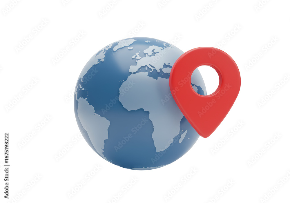 Poster isolated globe with red map pointer indicates a location or destination of travel