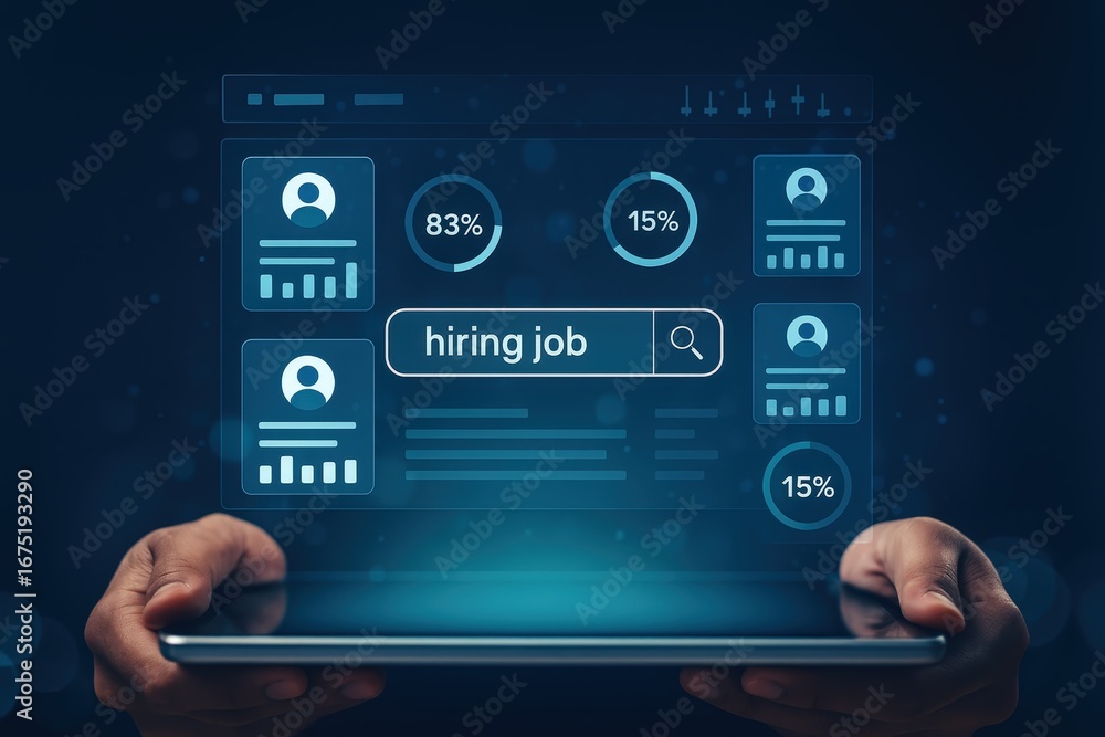 Poster hands holding a tablet displaying a digital interface for searching and reviewing job applicants.