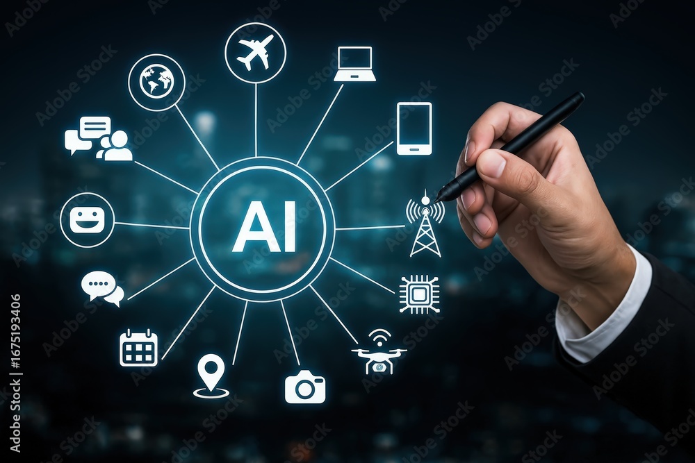 Poster a graphic illustration of artificial intelligence applications connected to various technologies, in