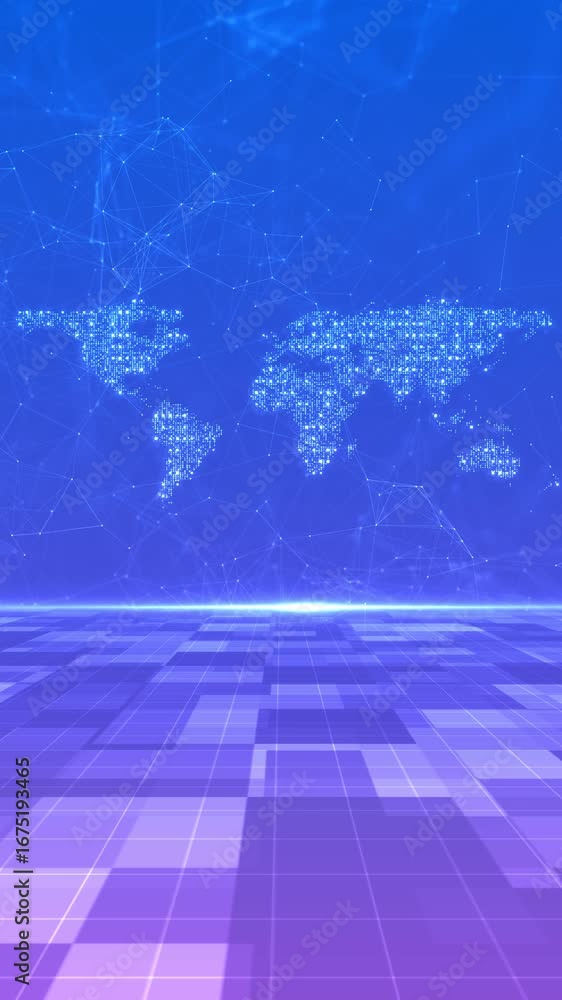Poster futuristic digital plexus animation perspective floor grid glowing beneath sparkling world map made 