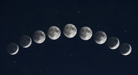 Celestial Moon Phases: A Night Sky Sequence Showing the Complete Lunar Cycle Against a Starry Background