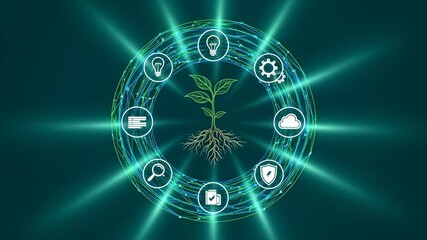 Growing Business Technology - A stylized graphic depicts a plant growing from the center of a circular network of technology icons, representing growth and innovation within a business context. - Powered by Adobe