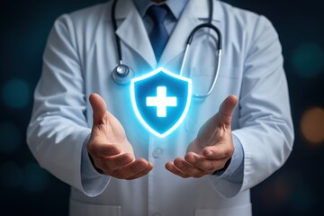 A medical professional confidently displays a glowing shield graphic, symbolizing protection and care within a softly lit, professional setting.