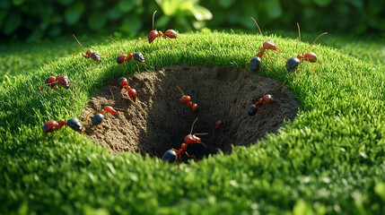 A closeup of an anthill with ants crawling around on the green grass