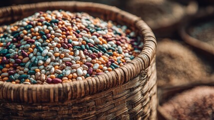 A woven basket overflowing with multicolored grains, showcasing wholesome and nourishing textures.