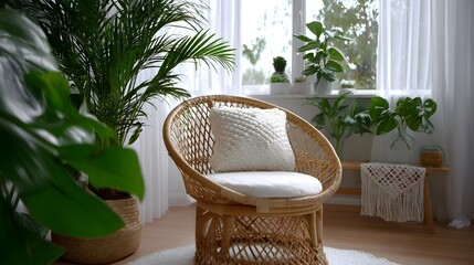 Cozy indoor space with natural decor and wicker chair.