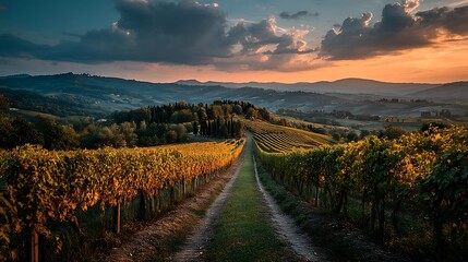 Naklejka premium Expansive vineyard field under warm sunset sky with wide open horizon, rows of green grapevines in farmland, serene countryside background with empty space above.