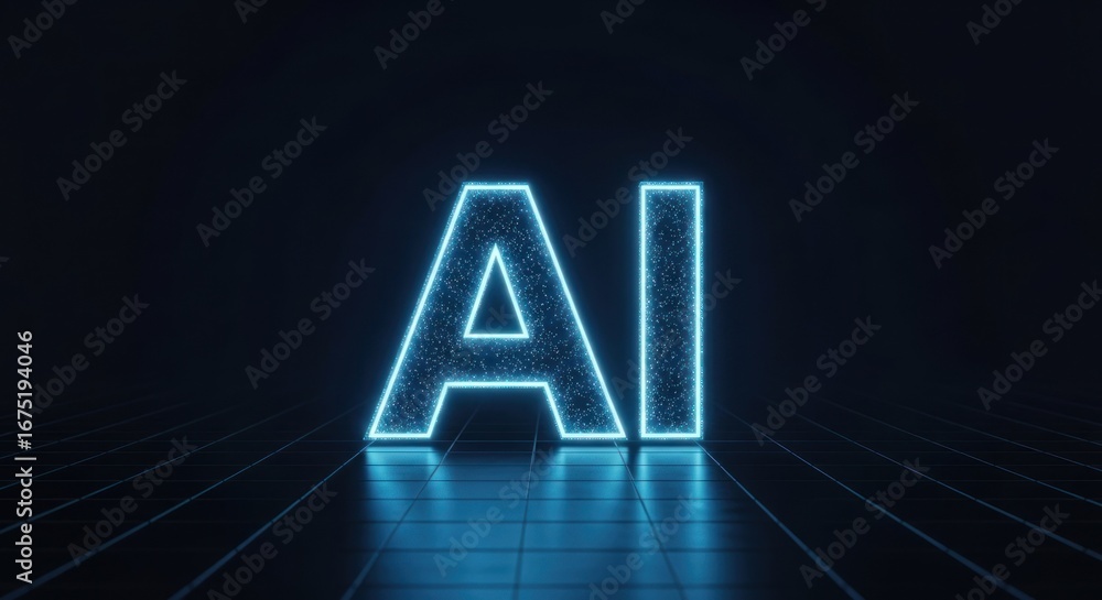 Poster glowing blue neon 'ai' text on a black grid surface, bokeh and depth of field