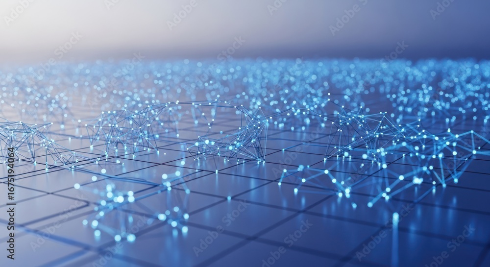 Poster glowing blue network of interconnected dots over a grid surface