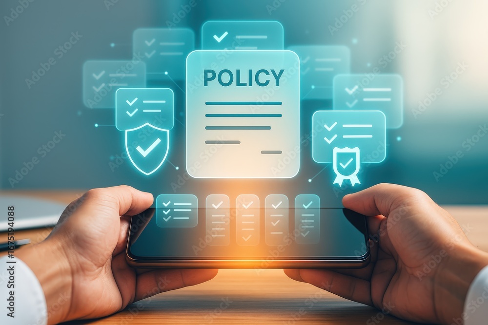 Aufkleber a person interacts with a digital tablet displaying glowing policy documents and security icons.