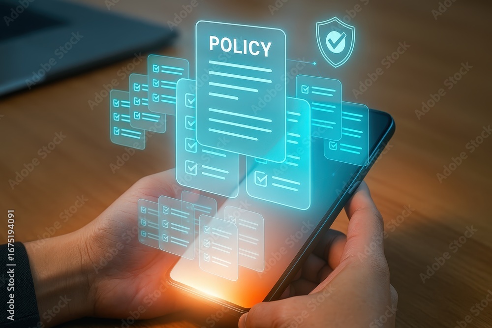Poster a person holds a smartphone displaying a holographic projection of numerous policy documents with ch