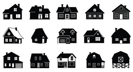 Collection of various house silhouettes and icons in different styles and designs