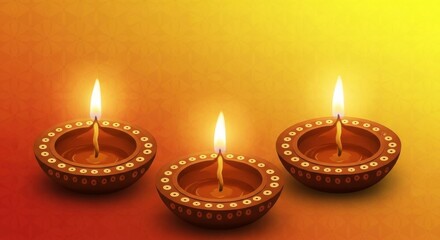 Three lit diyas with decorative edges on a gradient orange and yellow background image