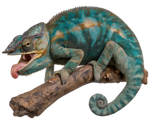 Obraz premium Colorful chameleon with vibrant blue and green scales, curled tail, and expressive face perched on natural wooden branch, displaying humorous and lively mood