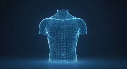 Glowing blue wireframe of human torso on dark background