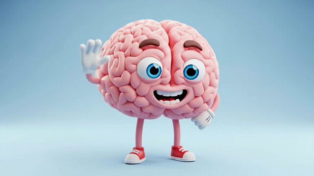 Happy Brain Character Waving - A cheerful, cartoon brain character with arms and legs waves hello against a light blue background.