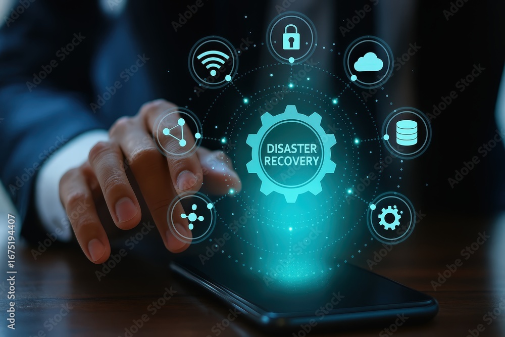Poster a person interacts with a holographic display showcasing a disaster recovery concept, with a gear ic