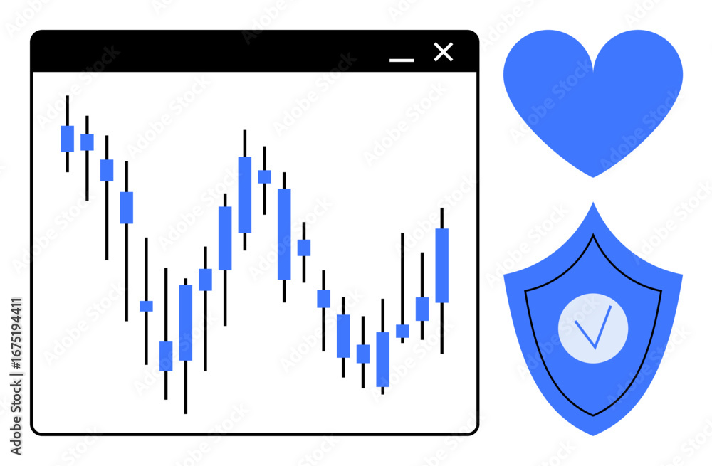 Poster candlestick chart in browser window next to heart and shield with checkmark. ideal for finance, secu