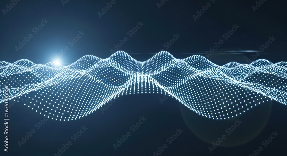 Poster glowing dot grid forms wavy abstract landscape over a dark gradient backdrop
