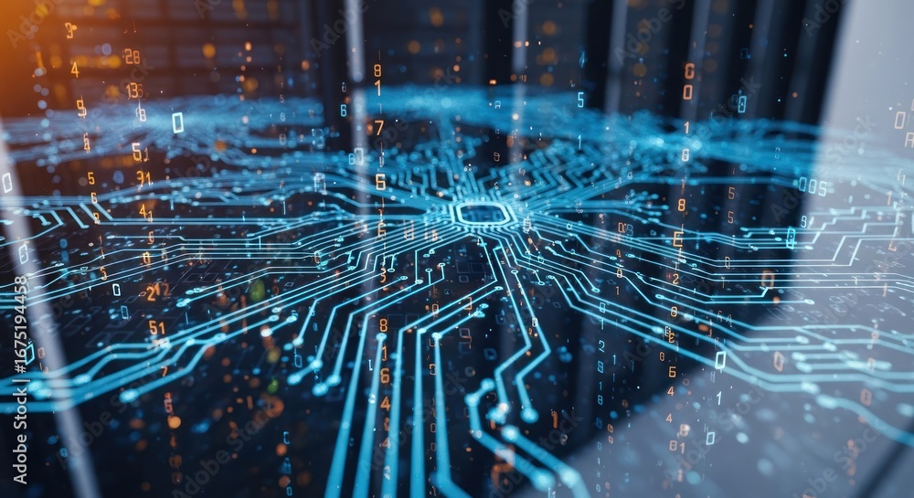Poster glowing circuit board with floating numbers over reflecting surface
