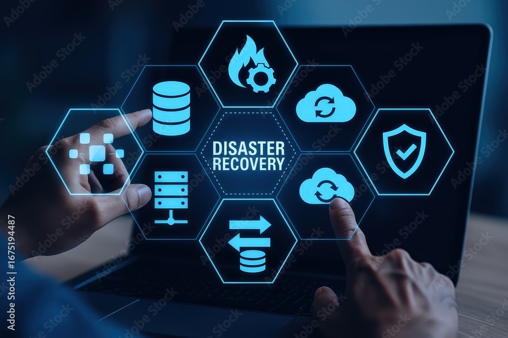 Poster a person interacts with a digital interface showcasing disaster recovery solutions.