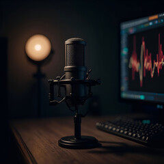 Dark Podcast Studio with Glowing Microphone and Sound Waves