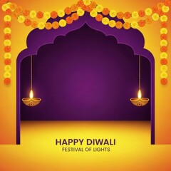 Decorative diwali frame with marigold garlands and hanging diya lamps on purple background