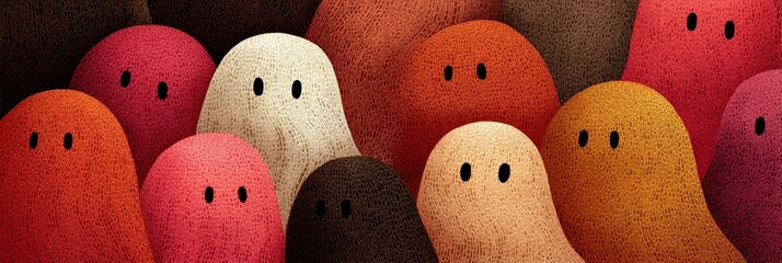 Colorful abstract characters of various shapes and tones clustered together.