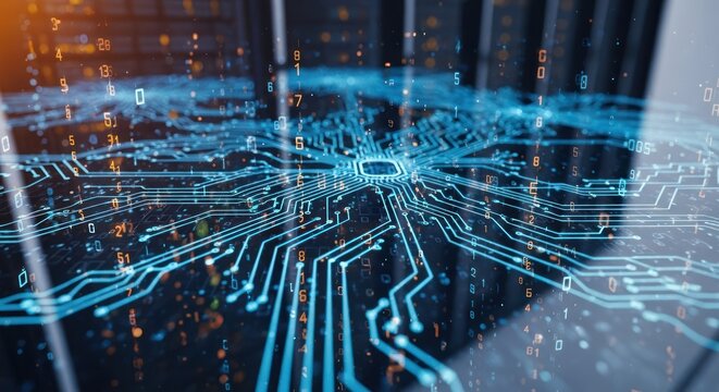 Glowing circuit board with floating numbers over reflecting surface