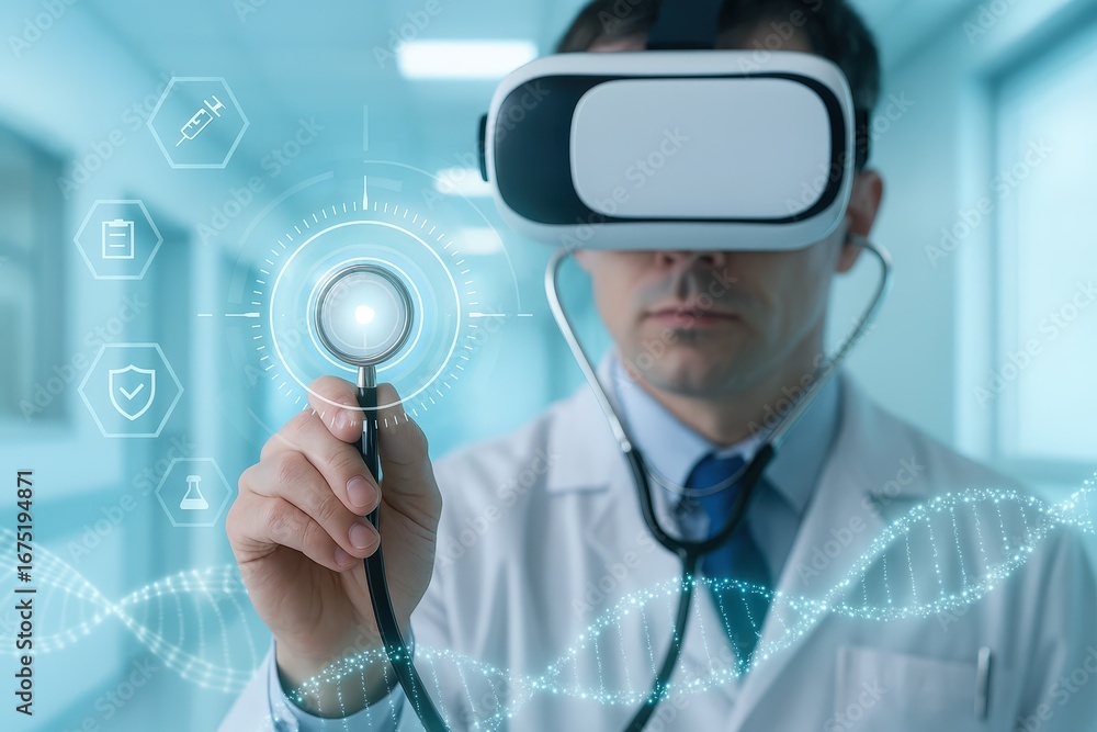 Poster a medical professional utilizes virtual reality technology and a stethoscope to interact with digita