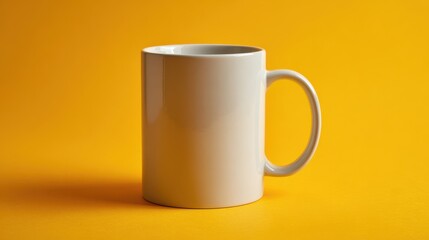 Detailed Color Picture of a White Mug on a Vibrant Yellow Backdrop.