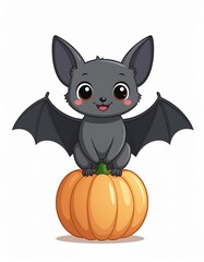 Cute Bat Character Sitting on Pumpkin, Halloween Theme, Cartoon Style, Festive Environment, Colorful Illustration, Whimsical Concept