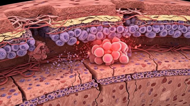 Arterial Wall Inflammation and Cracking - Microscopic cross-section view of an artery showing inflammation and cracking of the arterial wall, possibly due to homocysteine.